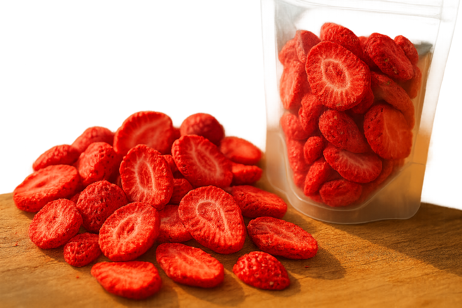 Freeze-dried strawberry slices loose transparent pouch premium quality dried berries