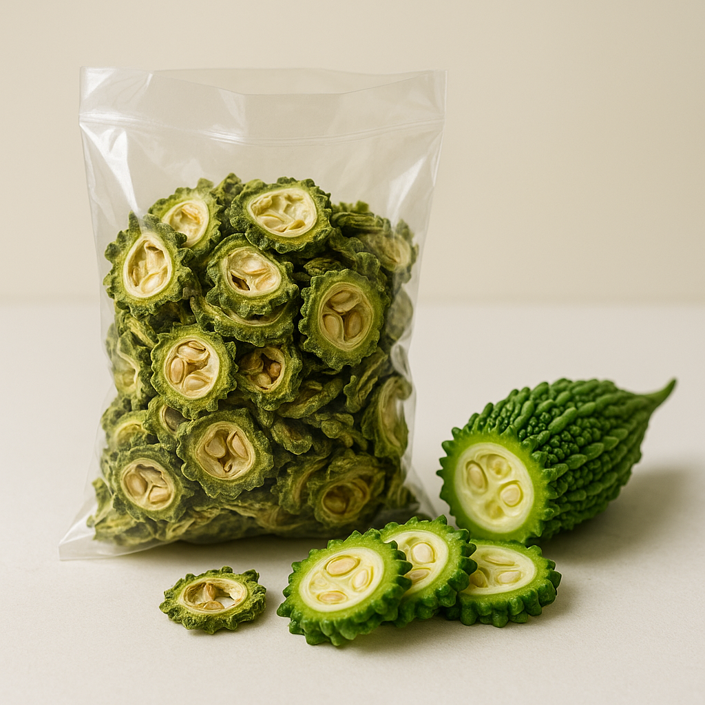 Loose transparent pouch filled with dehydrated bitter gourd (karela) slices with fresh karela rings beside it