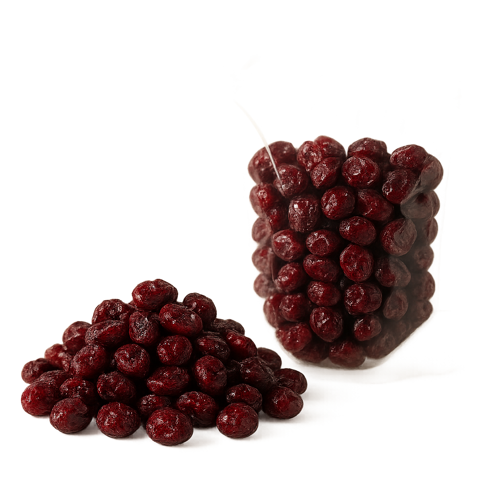 Loose dehydrated cranberries in transparent pouch