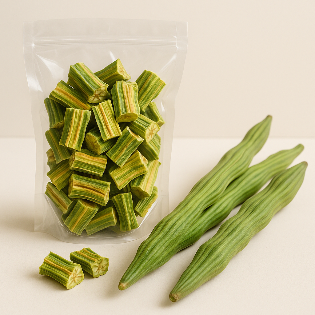 Transparent pouch filled with dehydrated drumstick (moringa pod) pieces with fresh drumsticks placed beside it