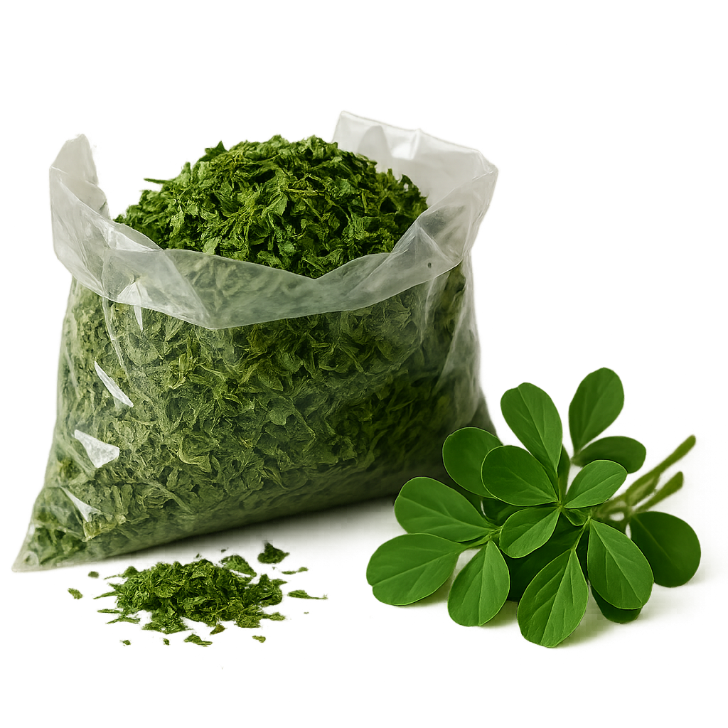 Transparent pouch filled with dehydrated fenugreek leaves (Kasuri Methi) with fresh green methi leaves beside it