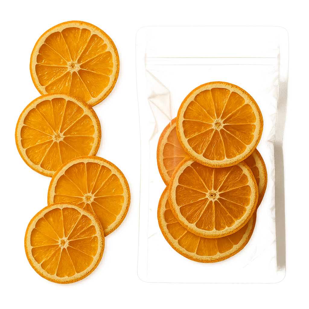 Loose dehydrated orange slices transparent pouch