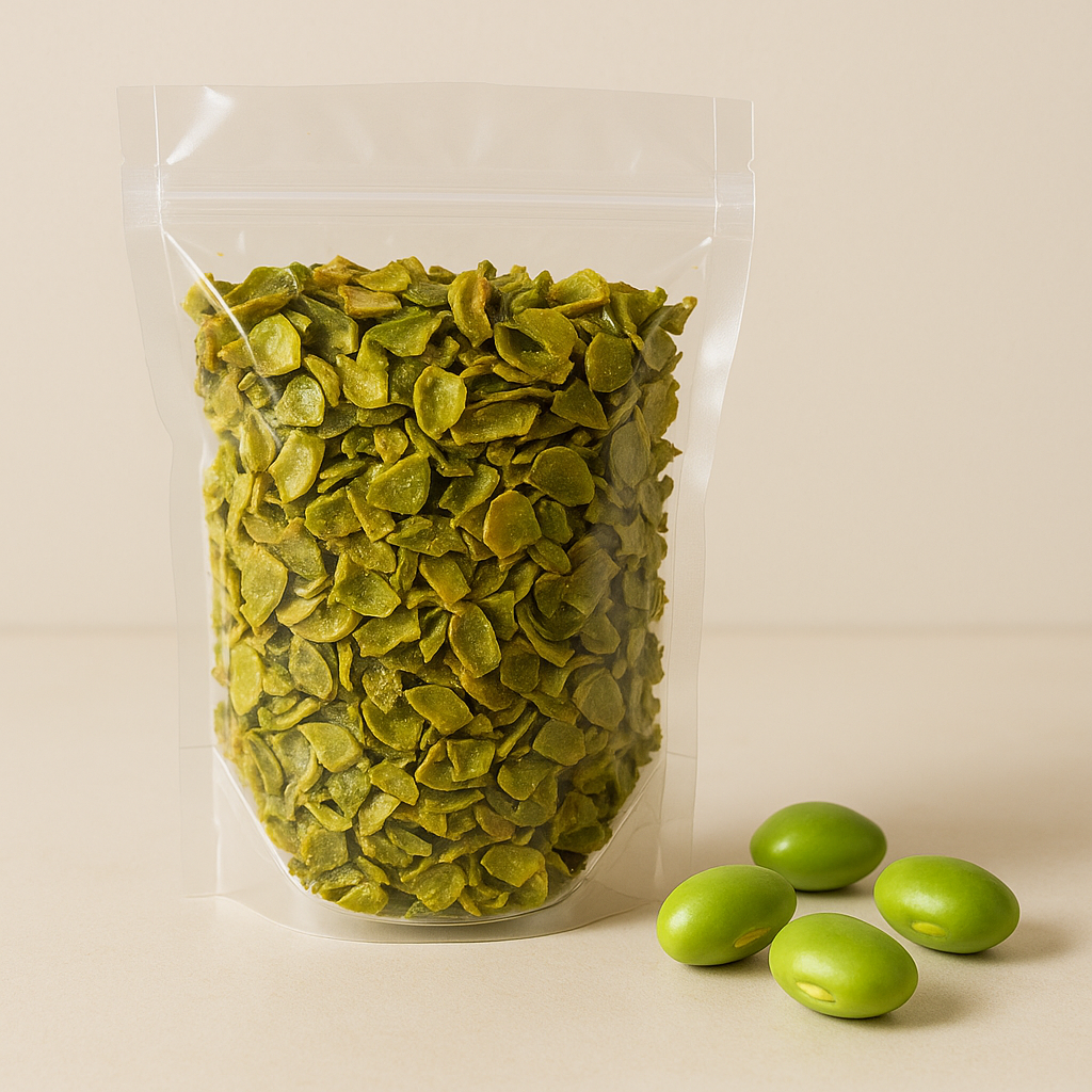 Transparent pouch filled with dehydrated Surti Lilva (papdi beans) with fresh lilva beans beside it