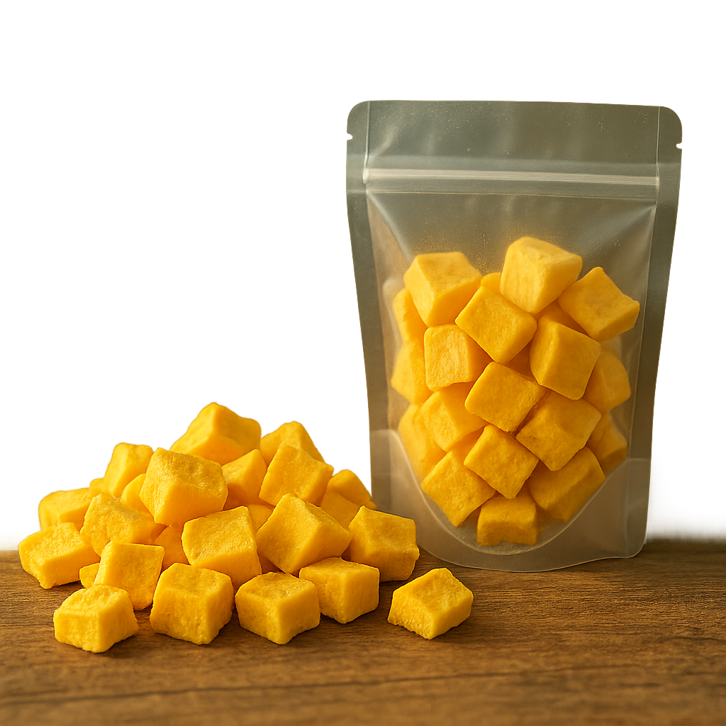 Freeze-dried mango chunks loose transparent pouch premium tropical fruit