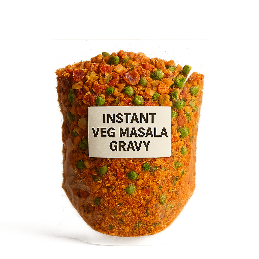 RITE EAT Instant Veg Masala Gravy in a loose transparent pouch with visible dehydrated vegetable and masala blend