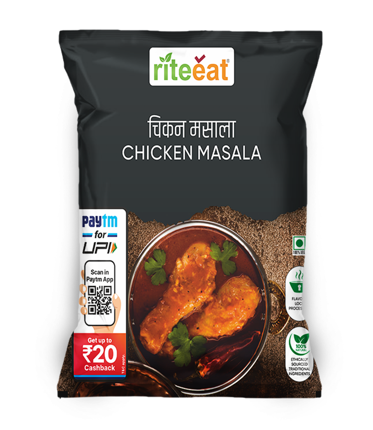 Aromatic Chicken Masala powder in a transparent loose pouch with warm reddish-brown spice tones