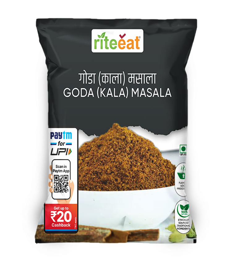 Premium Goda/Kala Garam Masala in loose transparent pouch with deep brown roasted spice texture