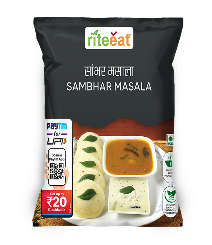 Authentic South Indian Sambhar Masala in a transparent loose pouch with a bowl of sambhar and traditional spices