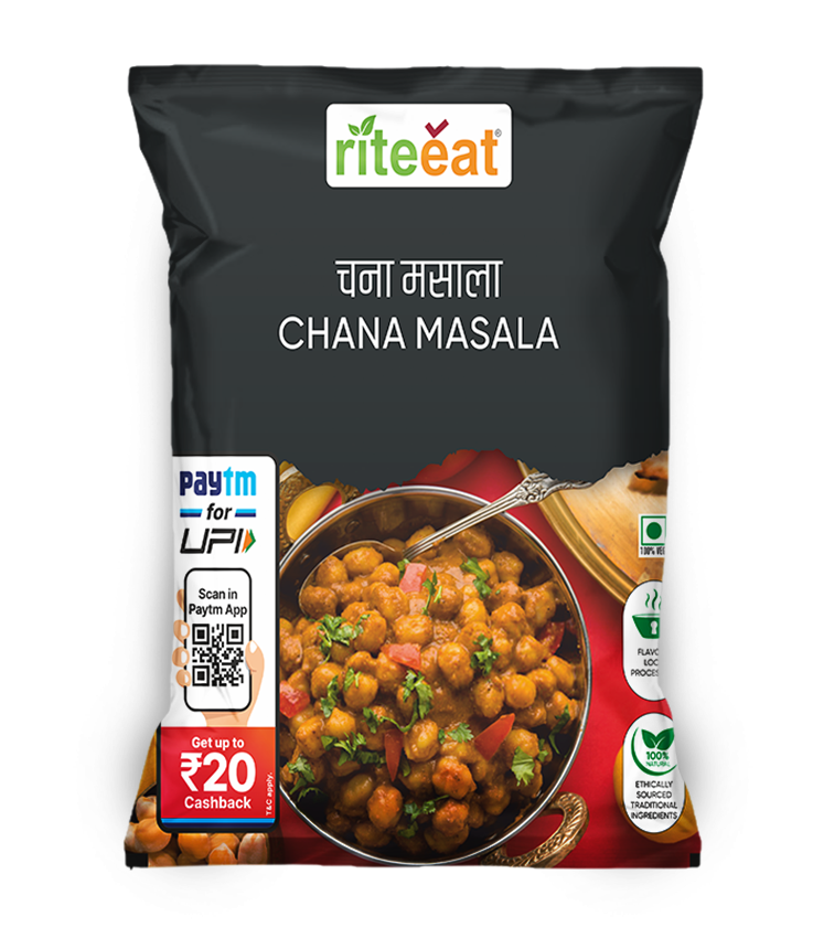 Authentic Chana Masala spice blend in a transparent loose pouch with warm brown and red tones
