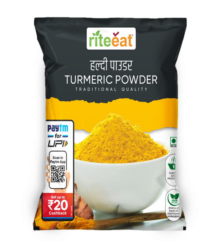 Premium Turmeric Powder golden yellow spice in pouch with bowl of haldi