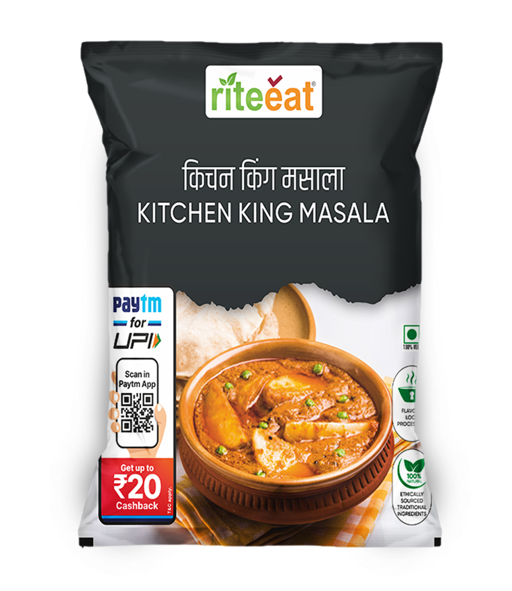Premium Kitchen King Masala powder in a transparent loose pouch with rich red-brown color