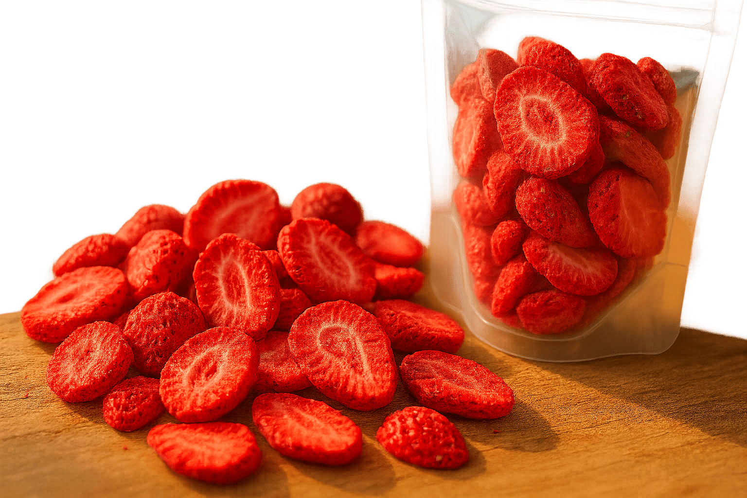 Freeze-dried strawberry slices loose transparent pouch premium quality dried berries