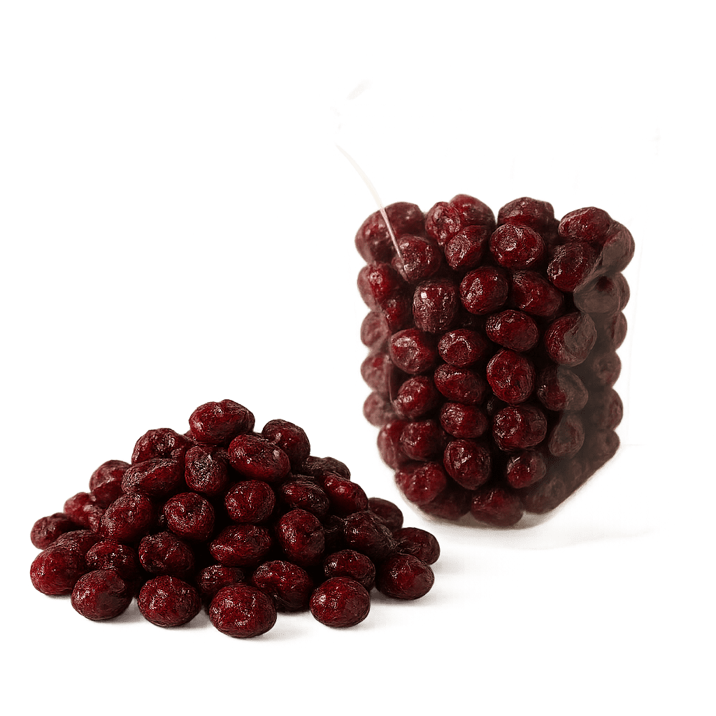 Loose dehydrated cranberries in transparent pouch