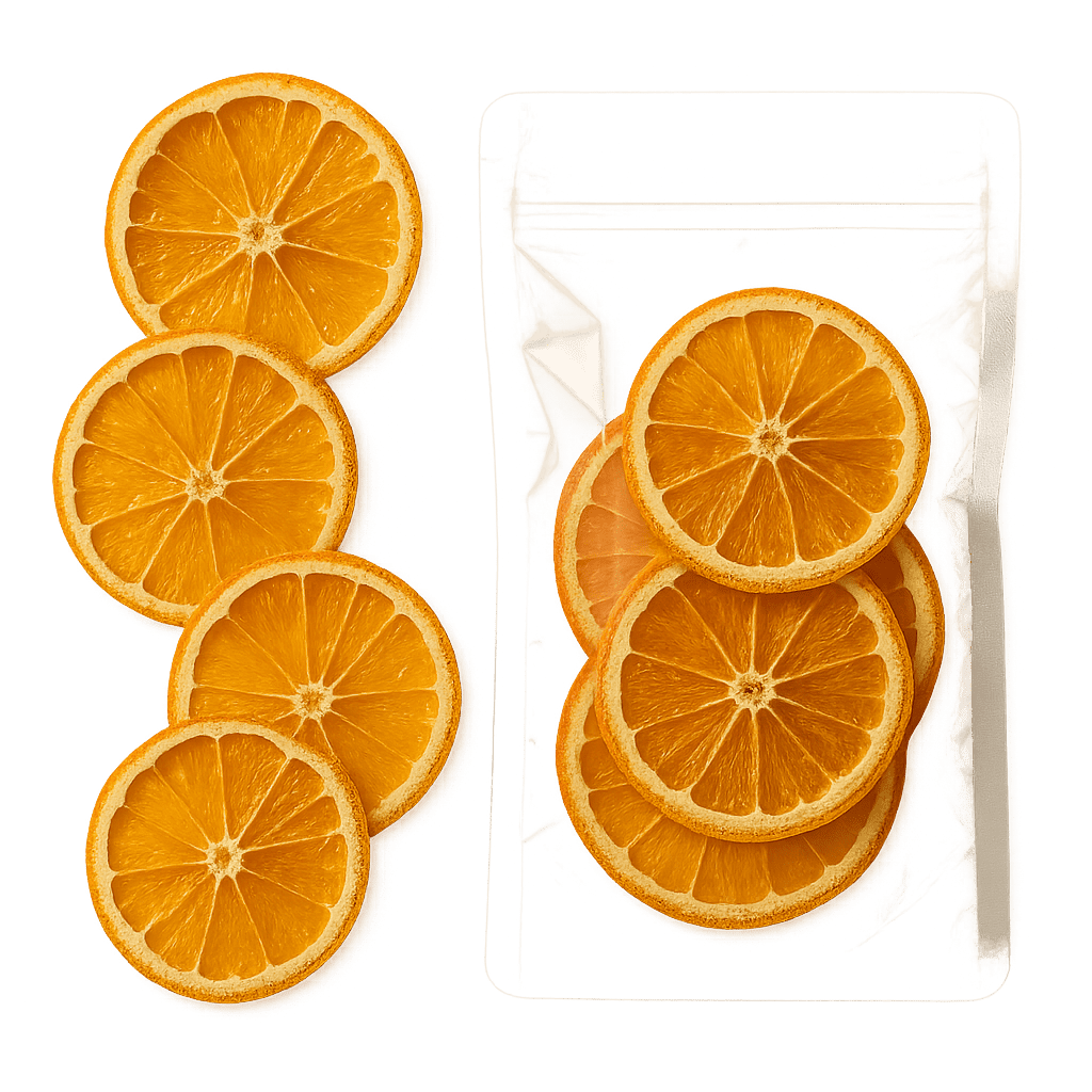 Loose dehydrated orange slices transparent pouch